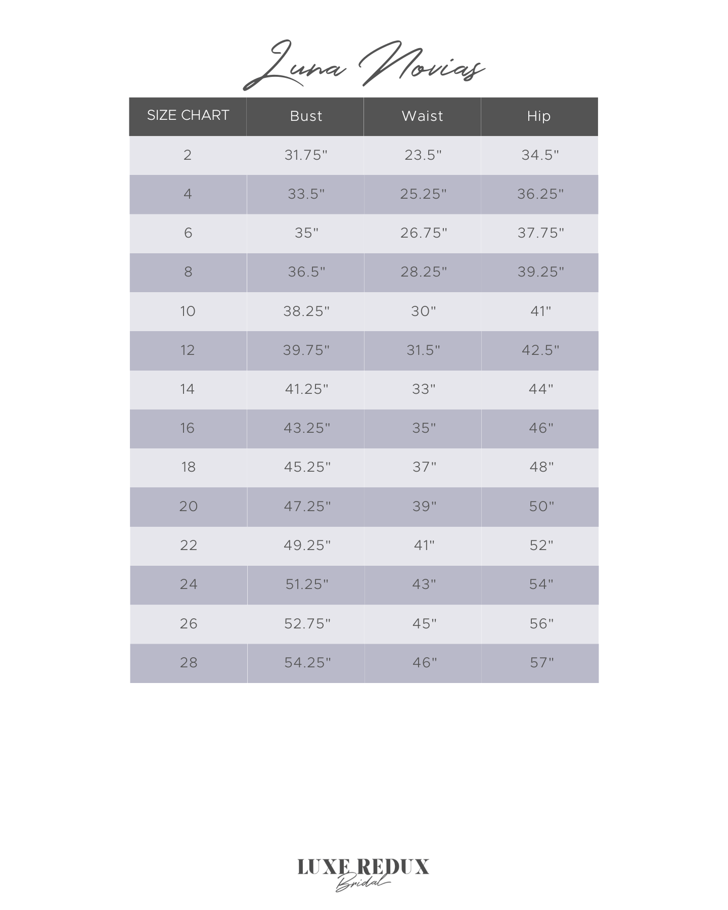 Luna Novias Huxley - Size 14 Size Chart