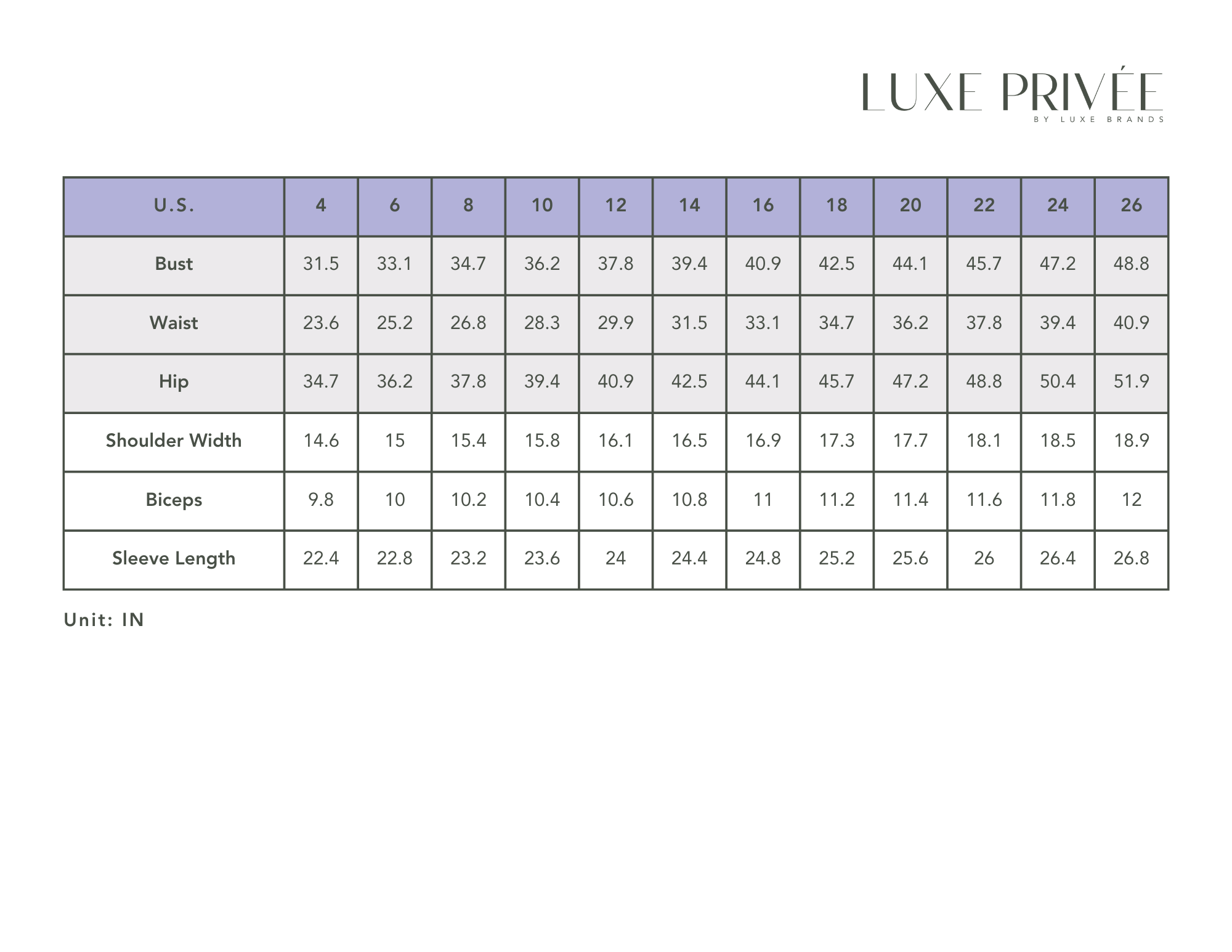 Luxe Privée Camille Size Chart
