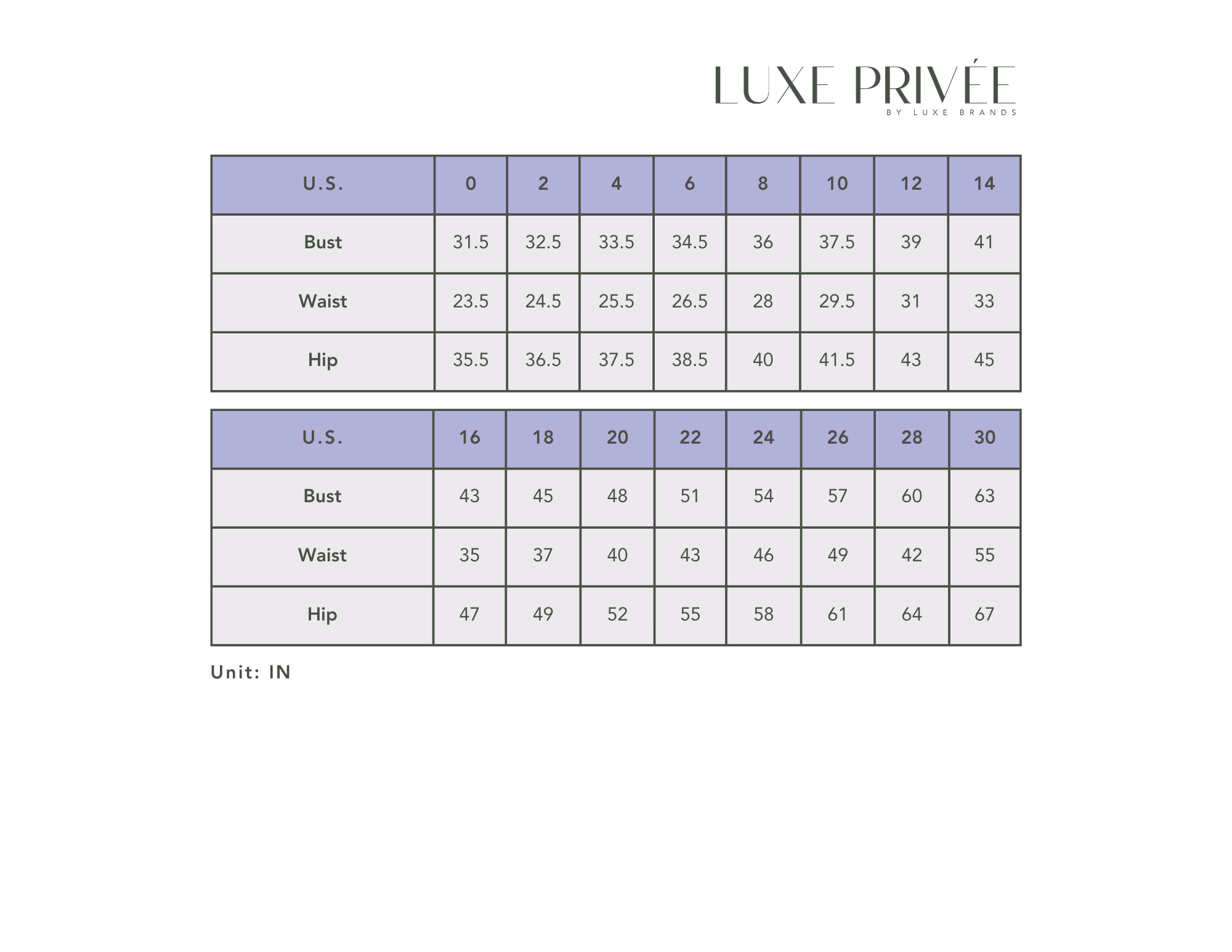 Luxe Privée Yara Size Chart