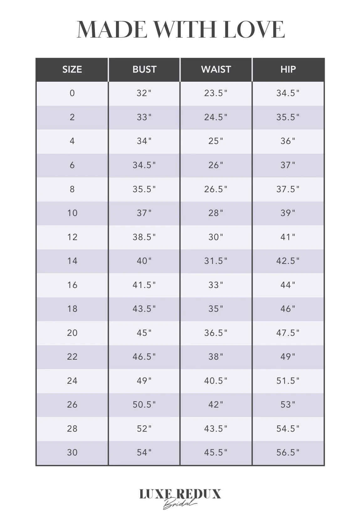 Made With Love Darcy - Size 12 Size Chart
