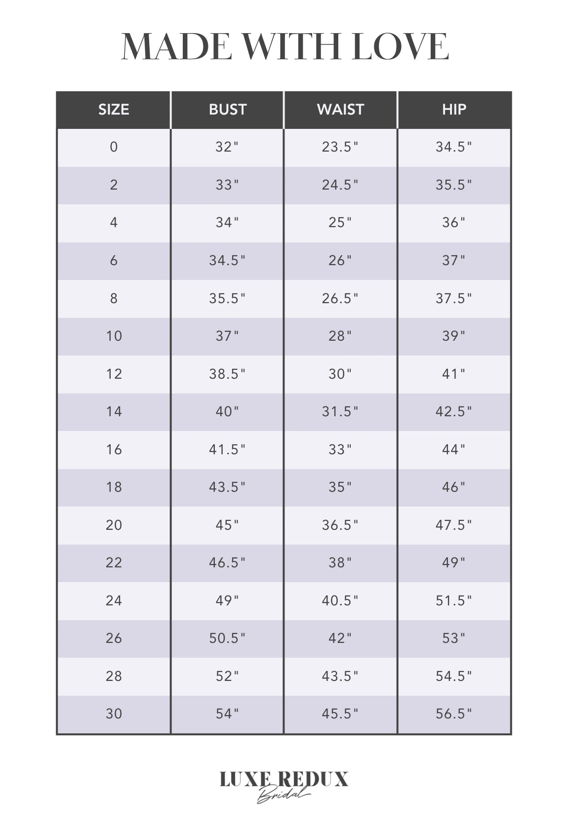 Made With Love Gia - Size 18 Size Chart