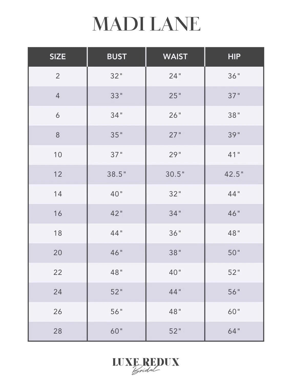 Madi Lane Cate - Size 12 Size Chart