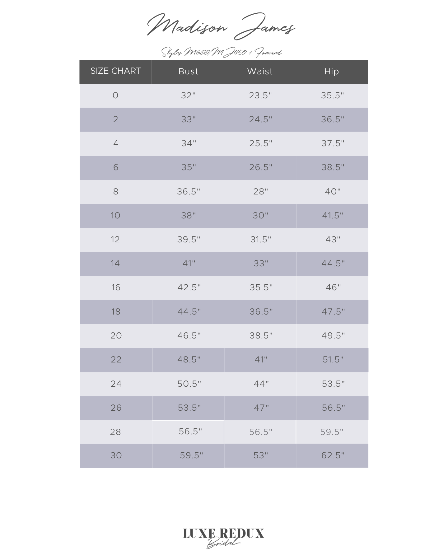 Madison James MJ650 - Size 10 Size Chart