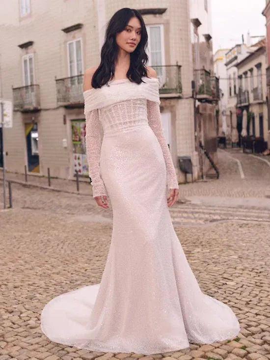 Maggie Sottero Drew Wedding Dress – Beaded Fit and Flare Bridal Gown with Long Sleeve Off-the-Shoulder Topper – Size 16 – Luxe Redux Bridal