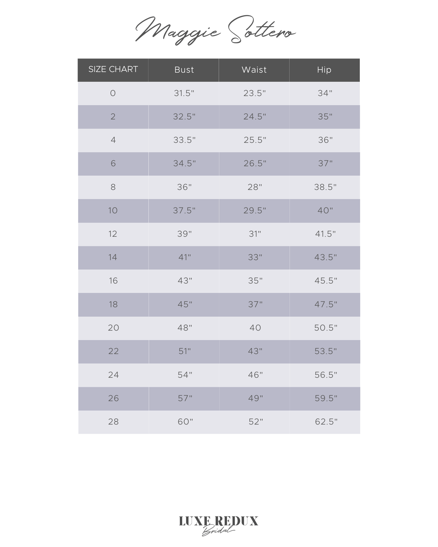 Maggie Sottero London - Size 14 Size Chart