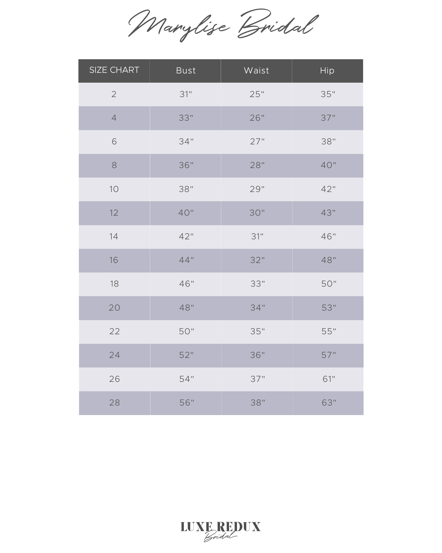 Marylise Bridal Riley - Size 8 Size Chart