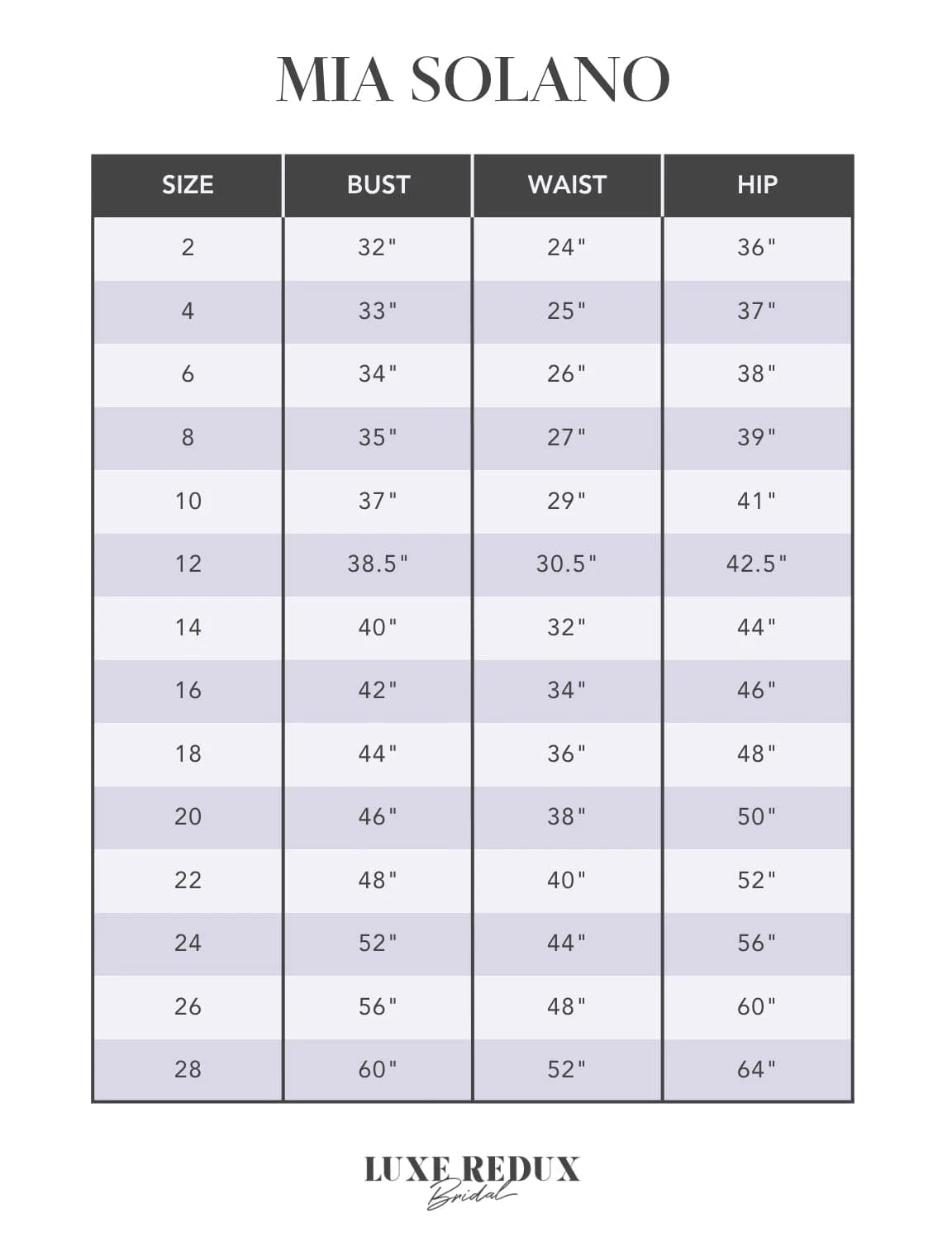 Mia Solano Amalia M2421Z - Size 16 Size Chart