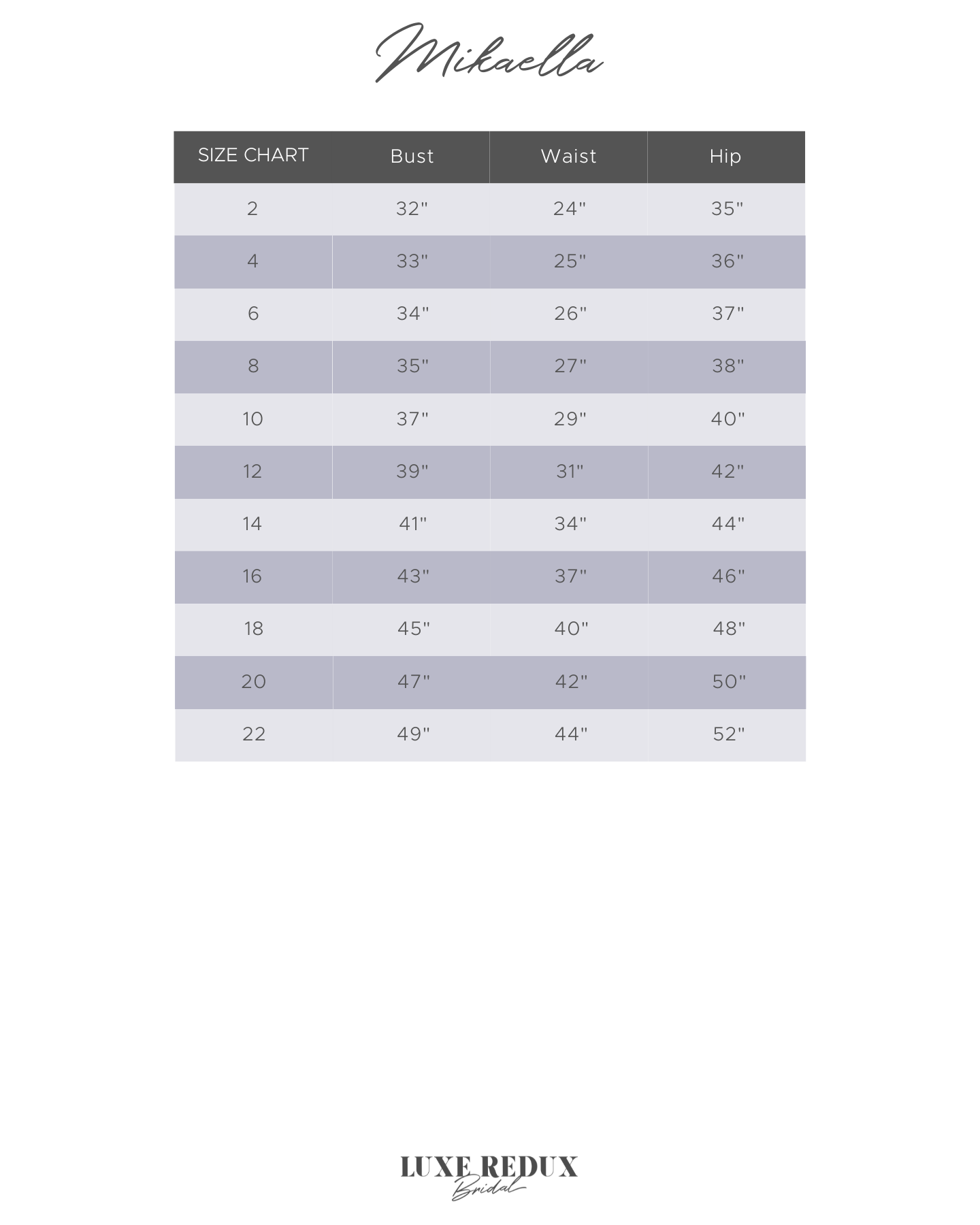 Mikaella M2485 - Size 12 Size Chart