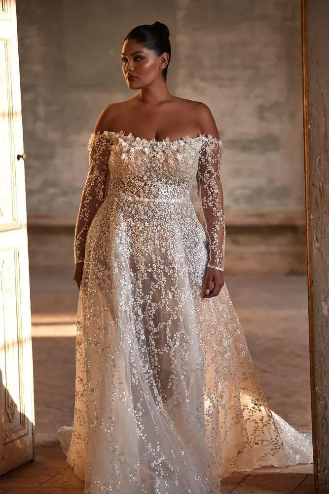 Milla Nova Coco Wedding Dress – Floral Beaded Lace A-Line Bridal Gown with Off-The-Shoulder Neckline and Long Sleeves – Size 16 – Luxe Redux Bridal