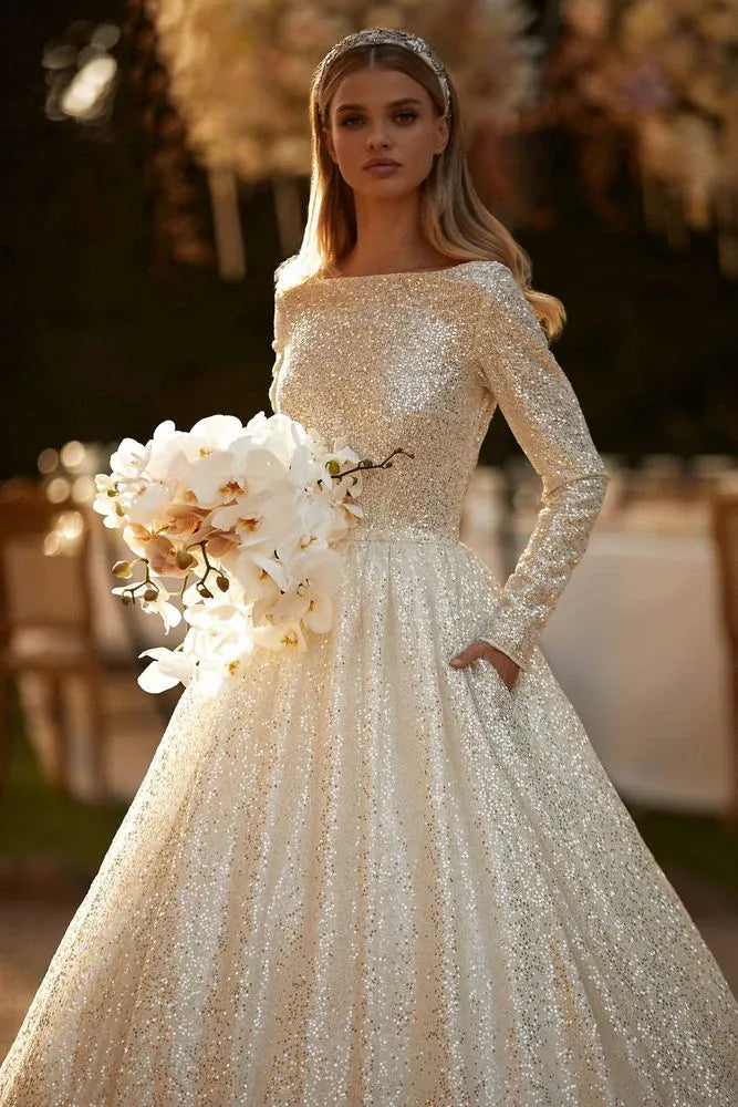 Milla Nova Tonje Wedding Dress – Sparkle Tulle Ball Gown with Modest Neckline and Long Sleeves – Size 8 – Luxe Redux Bridal