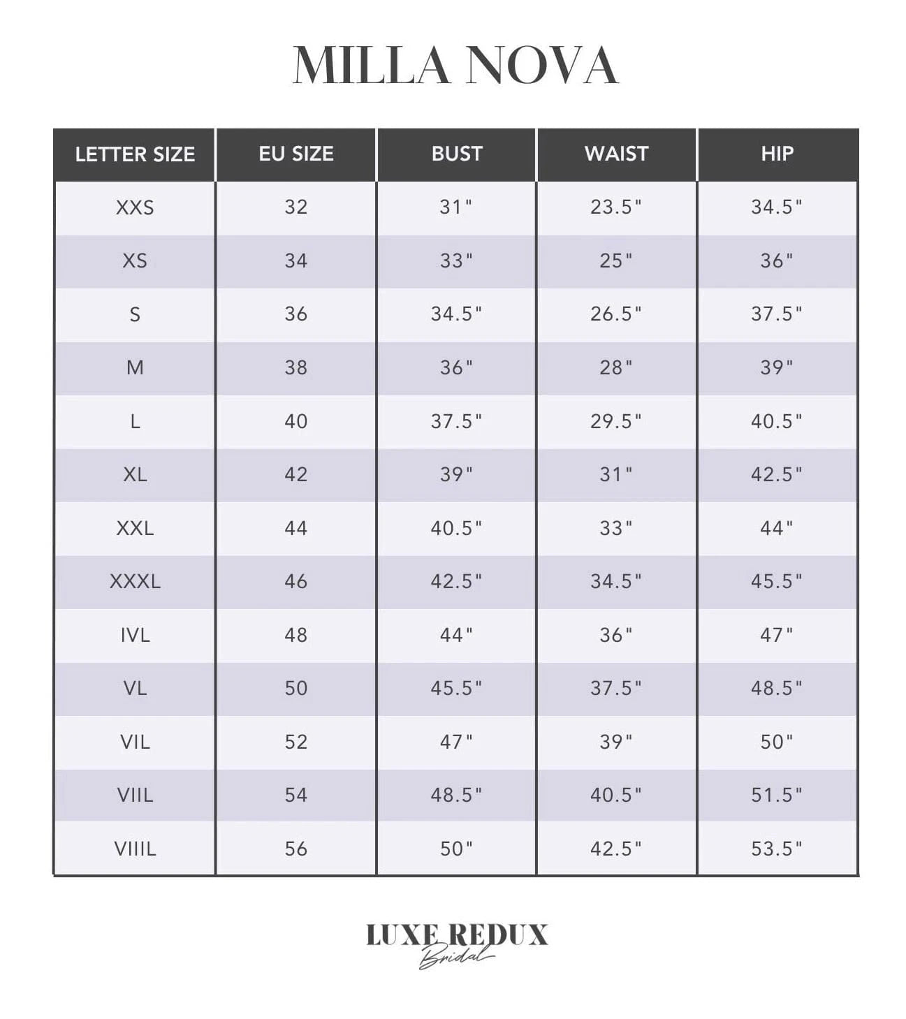 Milla Nova Elena - Size 16 Size Chart