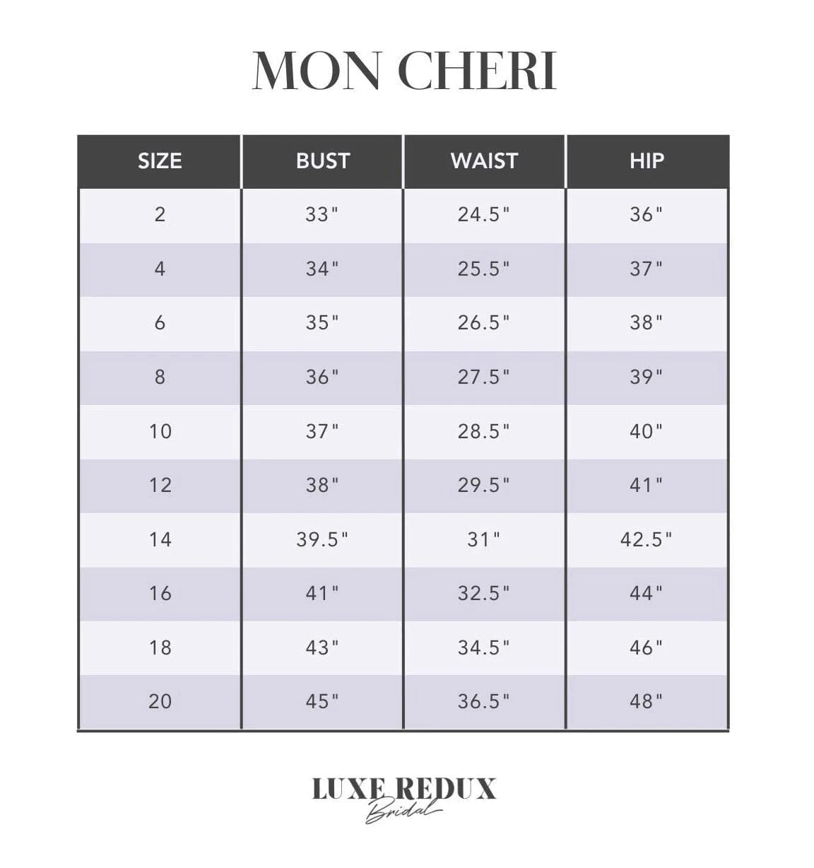 Enchanting by Mon Cheri E2504 - Size 14 Size Chart