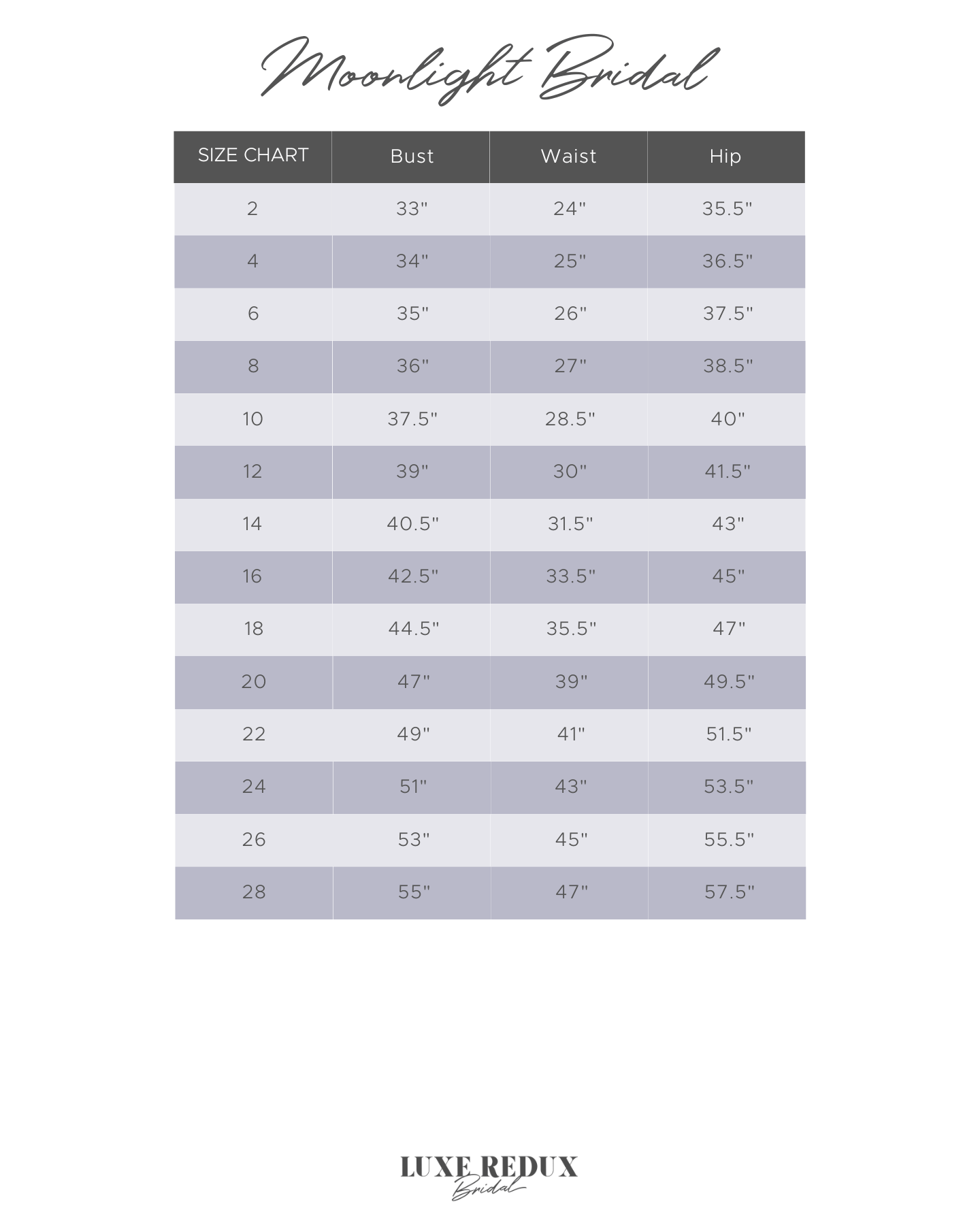 Moonlight Bridal J6782 - Size 8 Size Chart