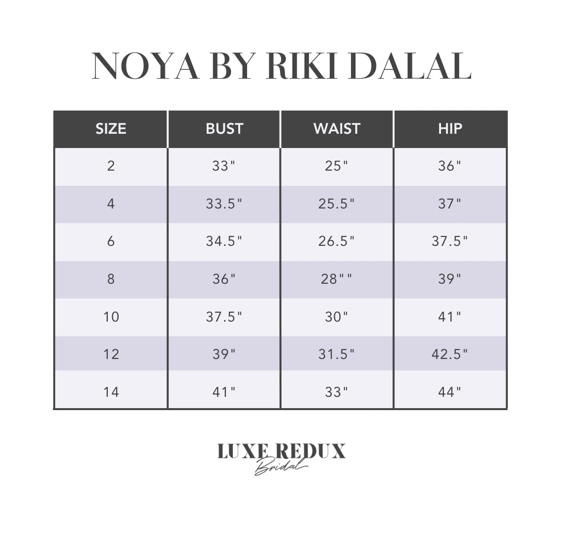 Noya by Riki Dalal Beatrix - Size 6 Size Chart