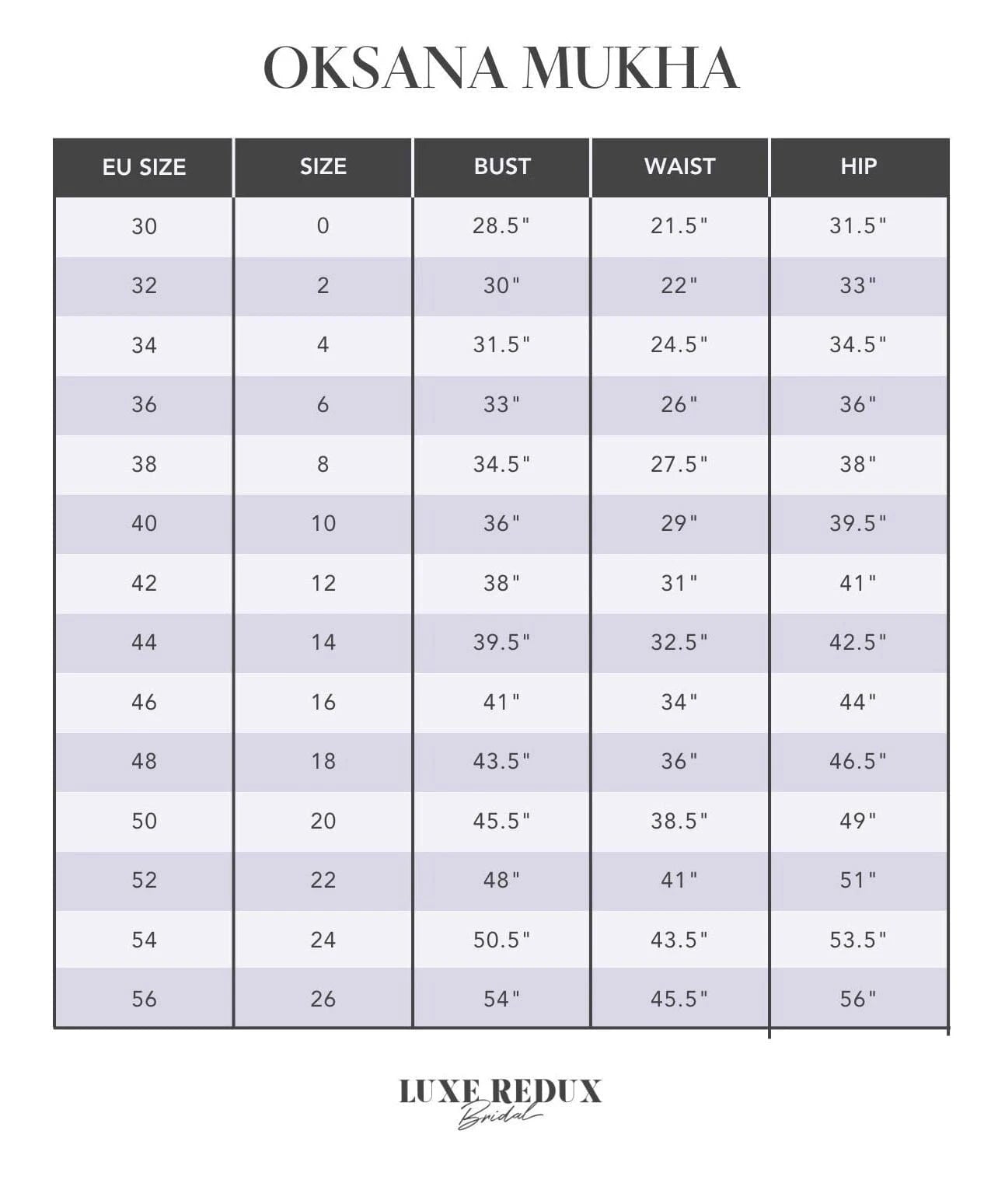 Oksana Mukha Kirsten - Size 18 Size Chart