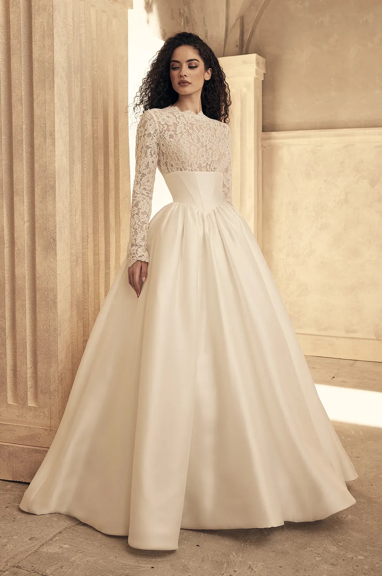 bride dress classic Paloma Blanca P5154 Wedding – Mikado Ball Gown with Basque Waist, Lace Bodice, and Long Sleeves – Size 12 – Luxe Redux Bridal Off Shoulder Long Sleeves Primary colour:Purple Lavender Shivika suitable for the solemnity