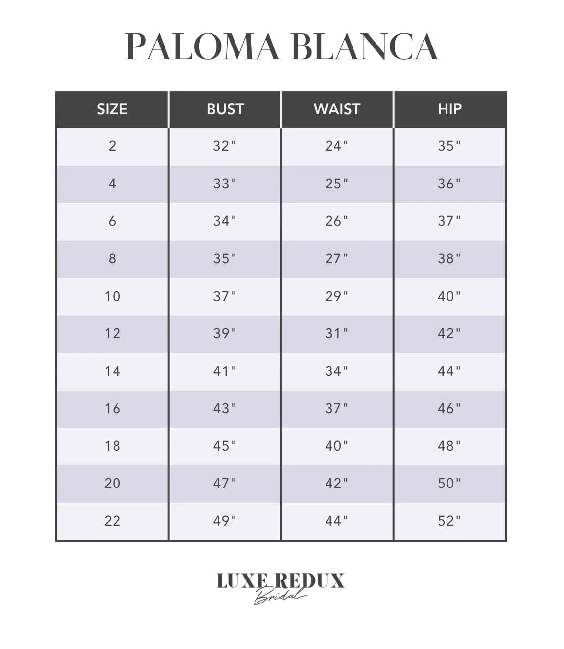 Paloma Blanca P5034 - Size 10 Size Chart