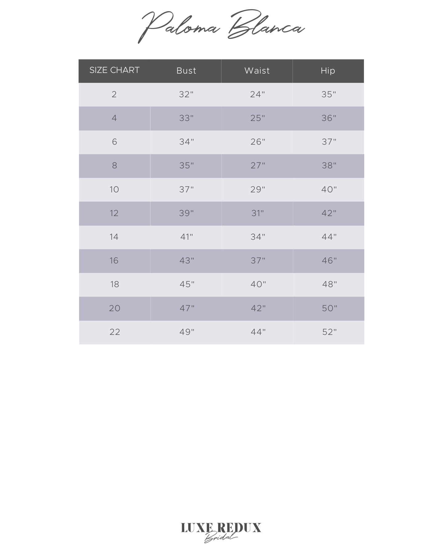 Paloma Blanca 4662 - Size 12 Size Chart