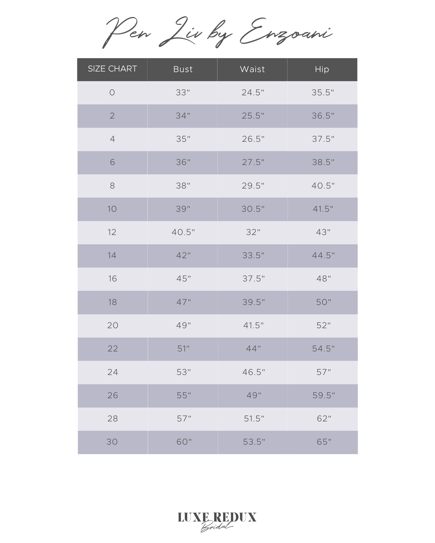 Pen Liv by Enzoani Berkley - Size 12 Size Chart