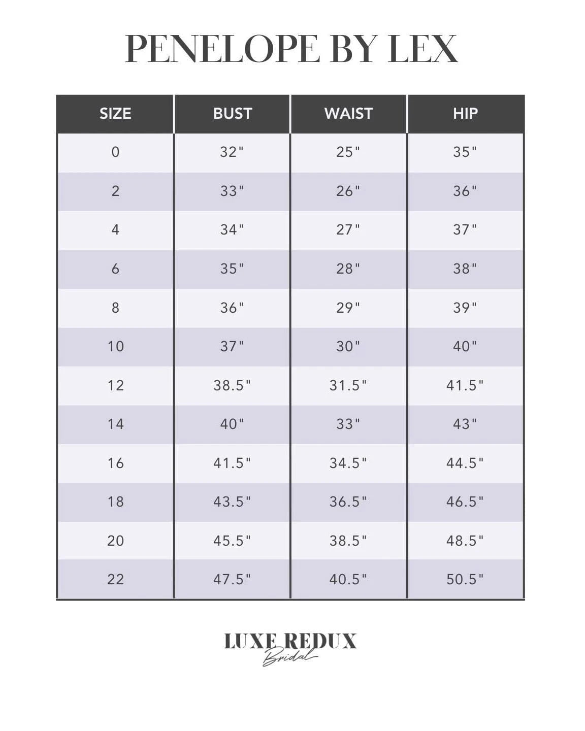 Penelope by Lex Isabella - Size 12 Size Chart