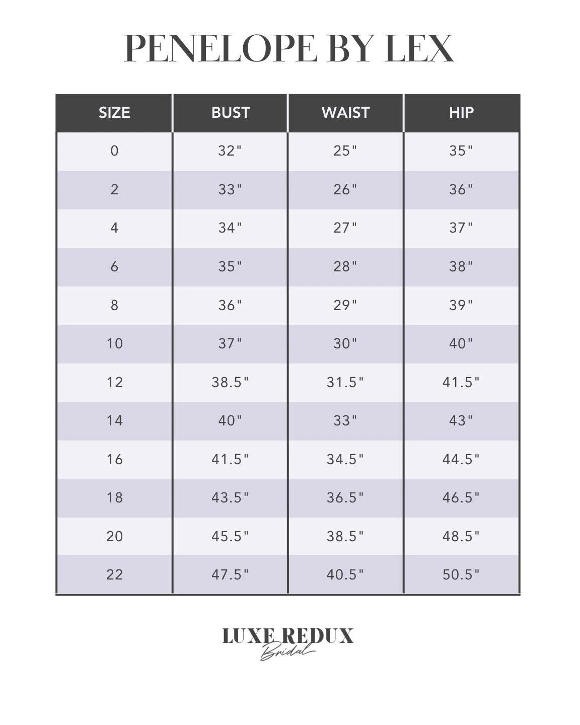 Penelope by Lex Gisele - Size 14 Size Chart