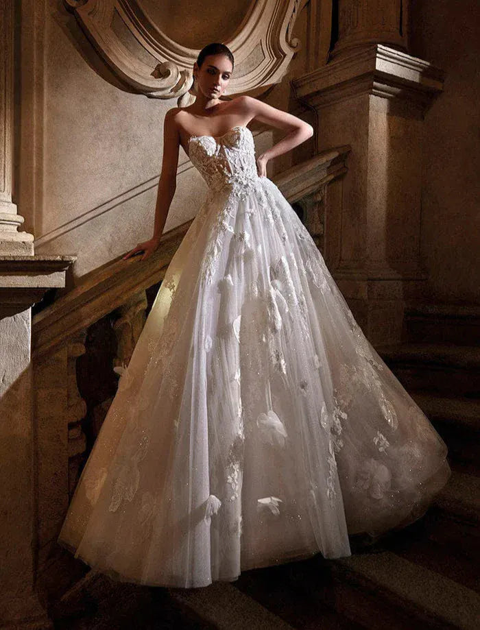 Pronovias Selenite Wedding Dress - Strapless Ball Gown with Corset Bodice, Floral Appliqus and Beading - Size 12 - Luxe Redux Bridal Pronovias Selenite Wedding Dress - Strapless Ball Gown with Corset Bodice, Floral Appliqus and Beading - Size 12 - Luxe Redux Bridal