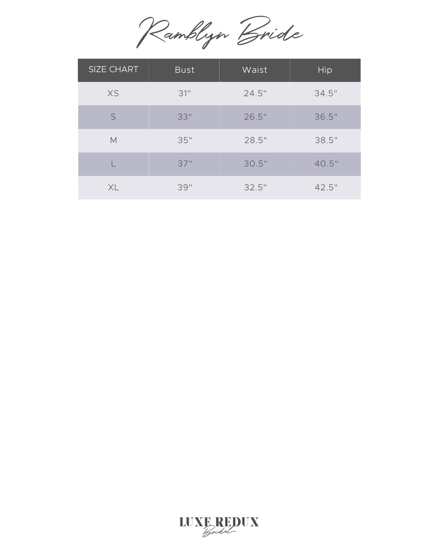 Ramblyn Bride Posey - Size Extra Large Size Chart
