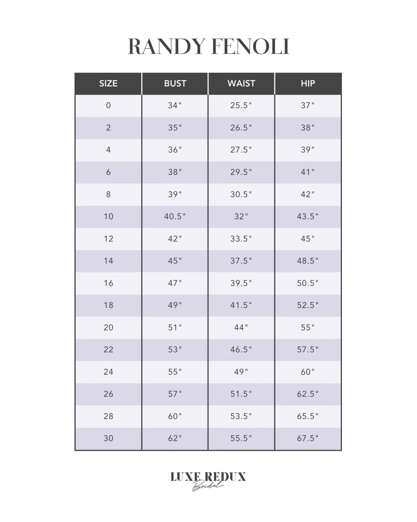Randy Fenoli Fawn - Size 16 Size Chart