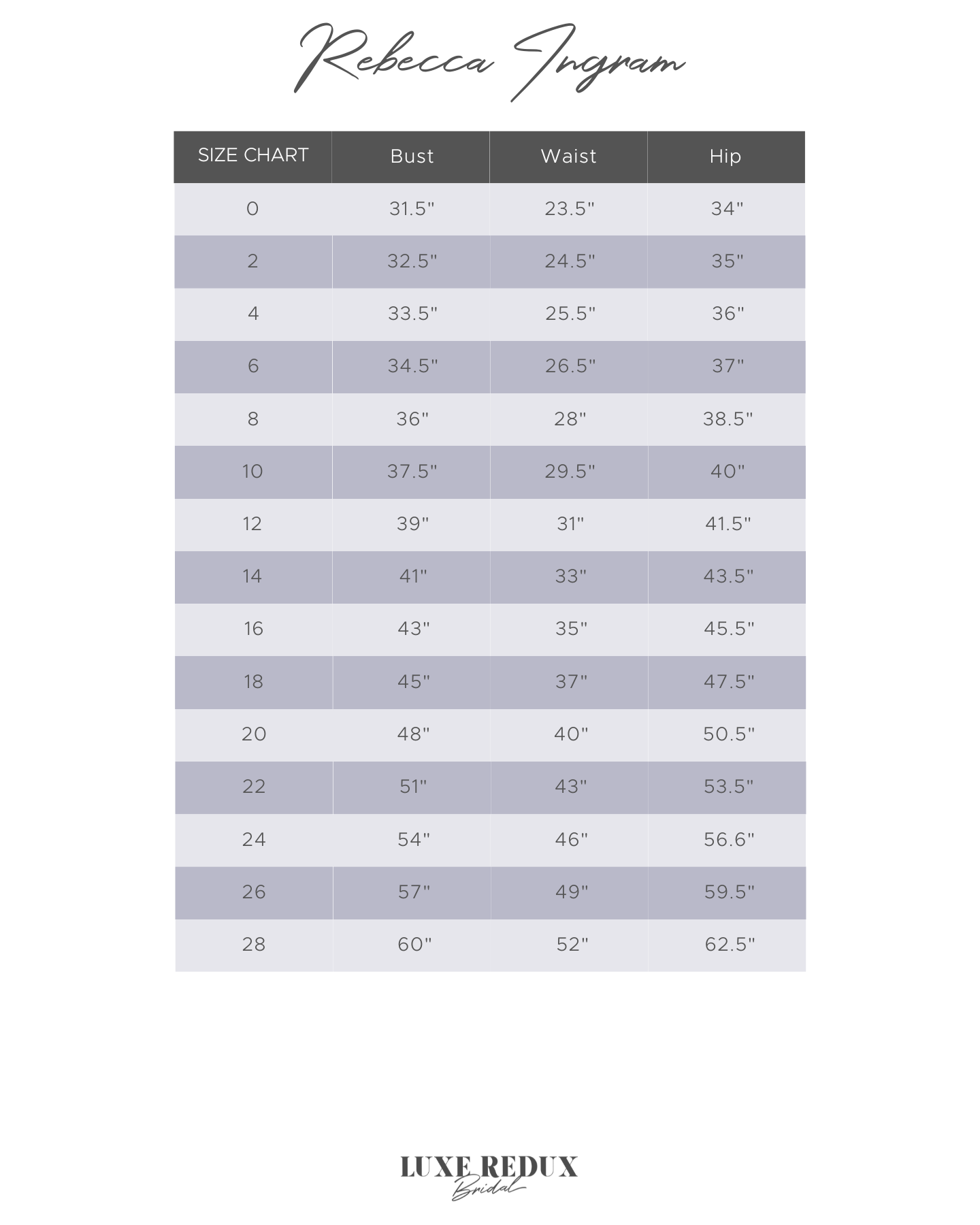Rebecca Ingram Iliana - Size 16 Size Chart
