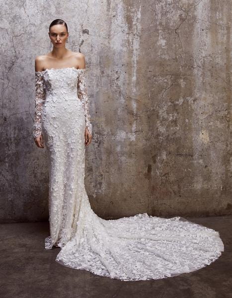 rivini long sleeve wedding dress Sophisticated High-Neck Long Sleeve Fit-And-Flare Wedding Dress With Bow