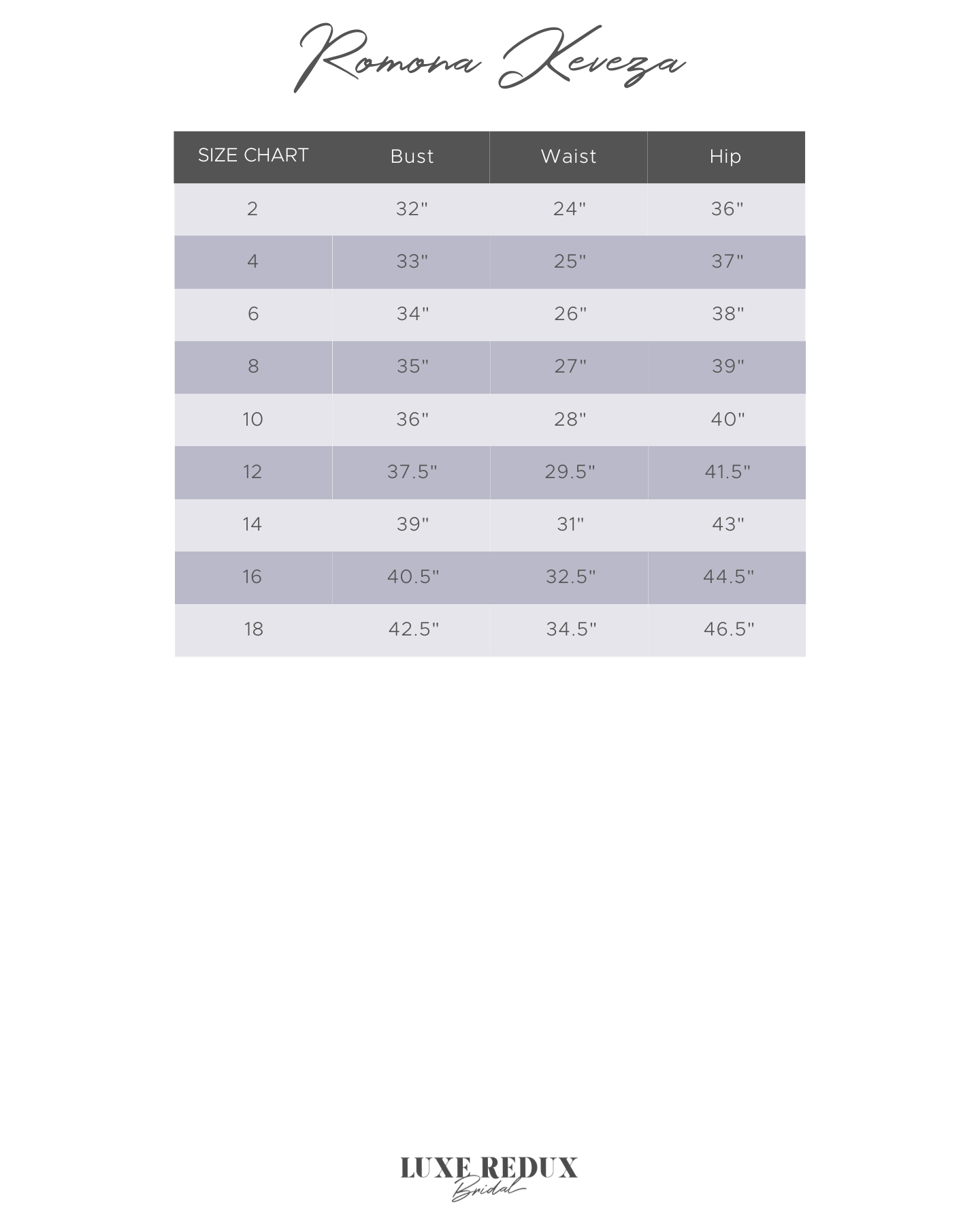 Romona Keveza L9126 - Size 10 Size Chart