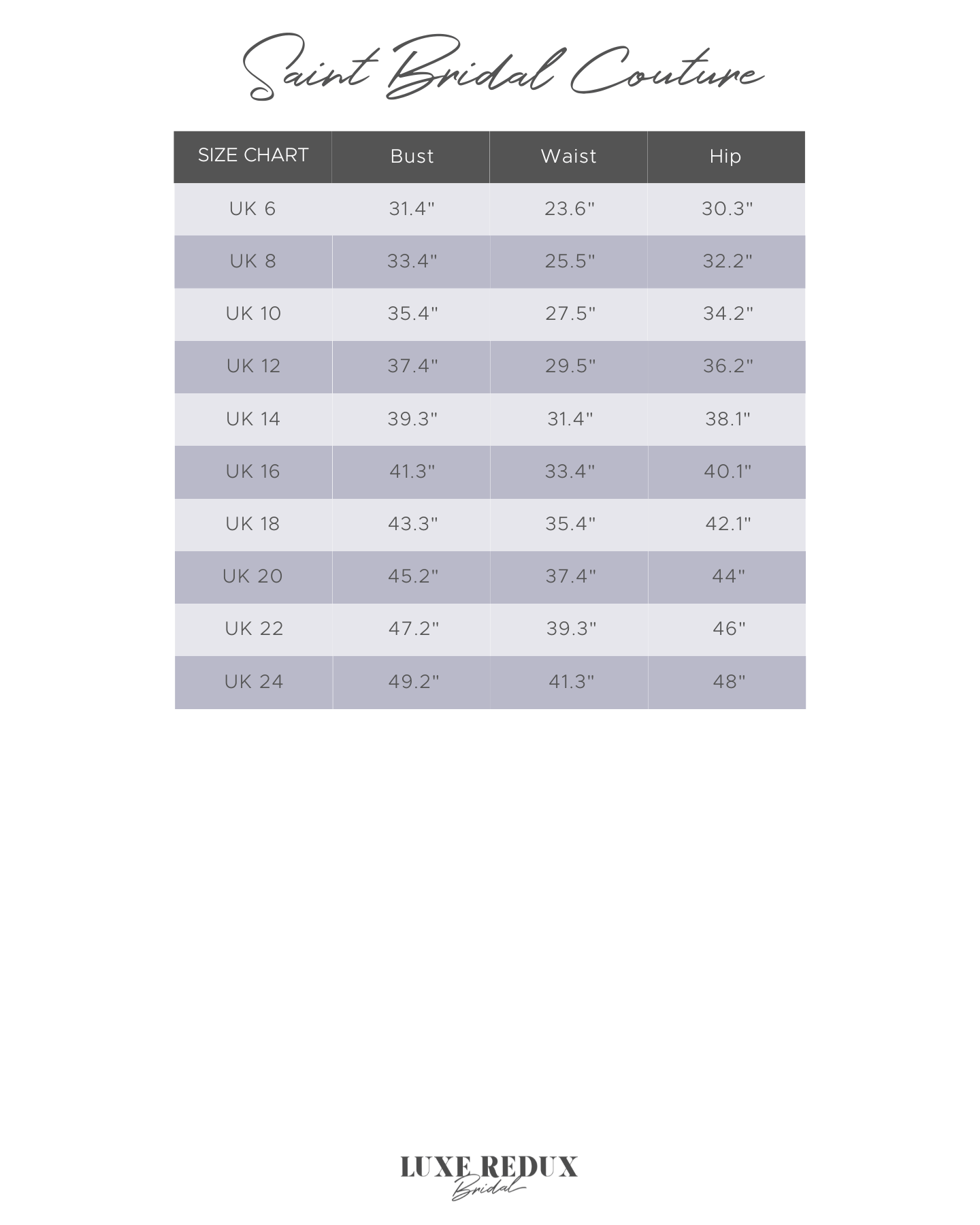 Saint Bridal Couture Owen + Scarf - Size 12 Size Chart