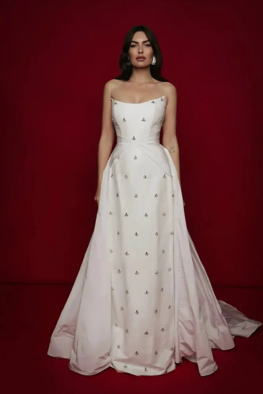 Sarah Seven Diamond Wedding Dress - A-line Strapless Taffeta Bridal Gown with Beading - Size 12 - Luxe Redux Bridal