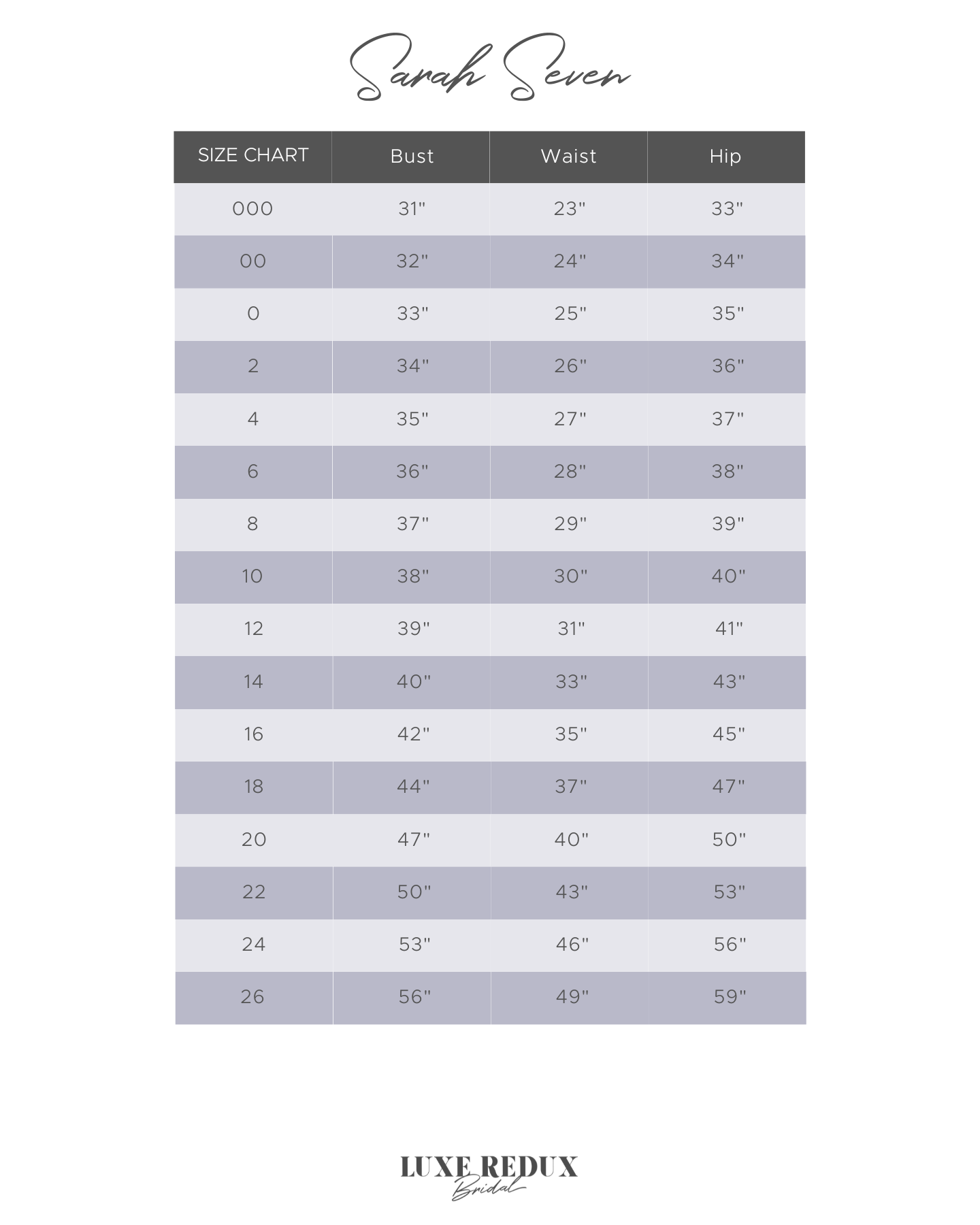 Sarah Seven Cole - Size 6 Size Chart
