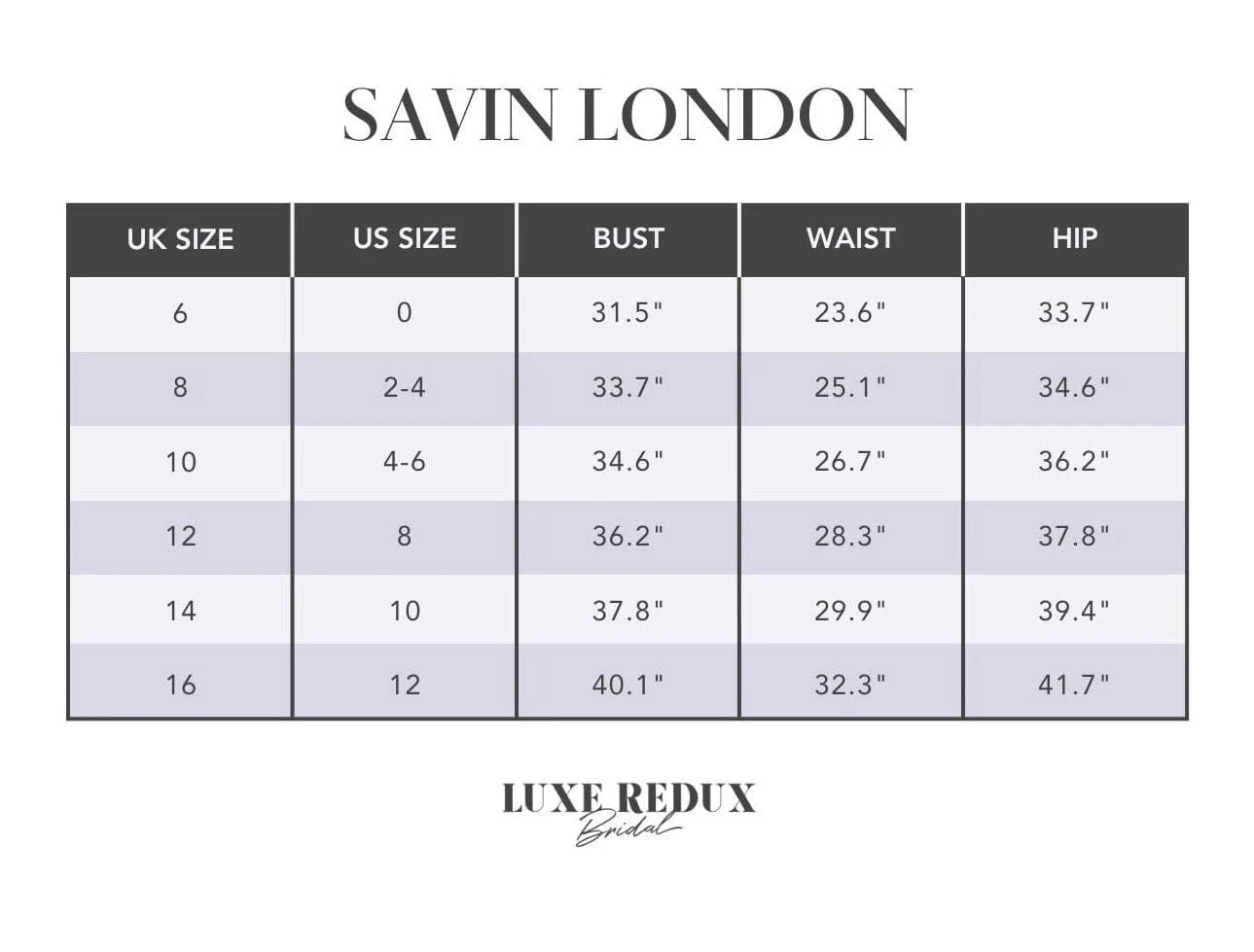 Savin London Marianna - Size 8/10 Size Chart