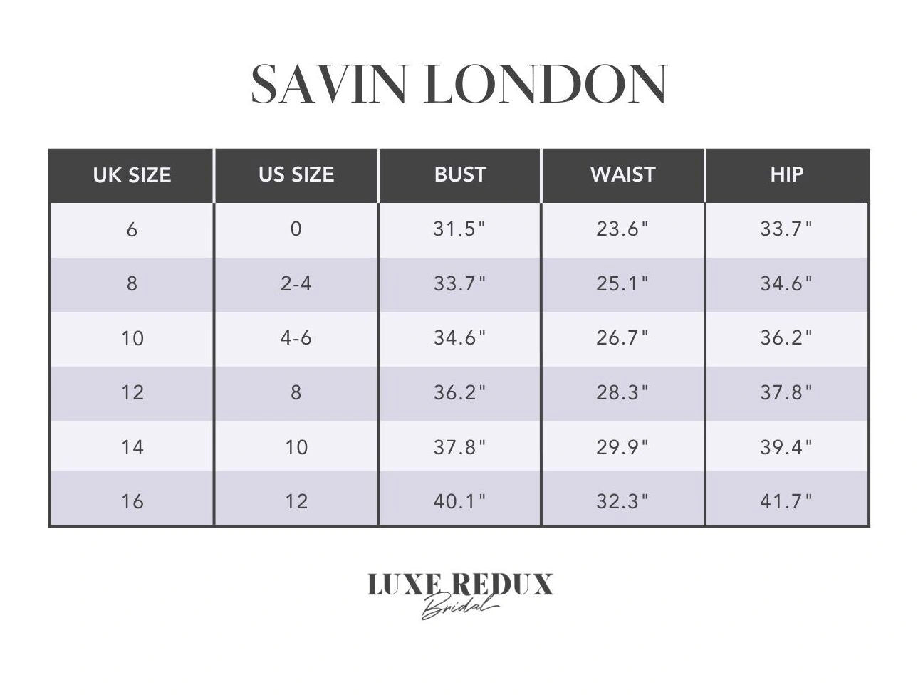 Savin London Diana V2 - Size 12 Size Chart