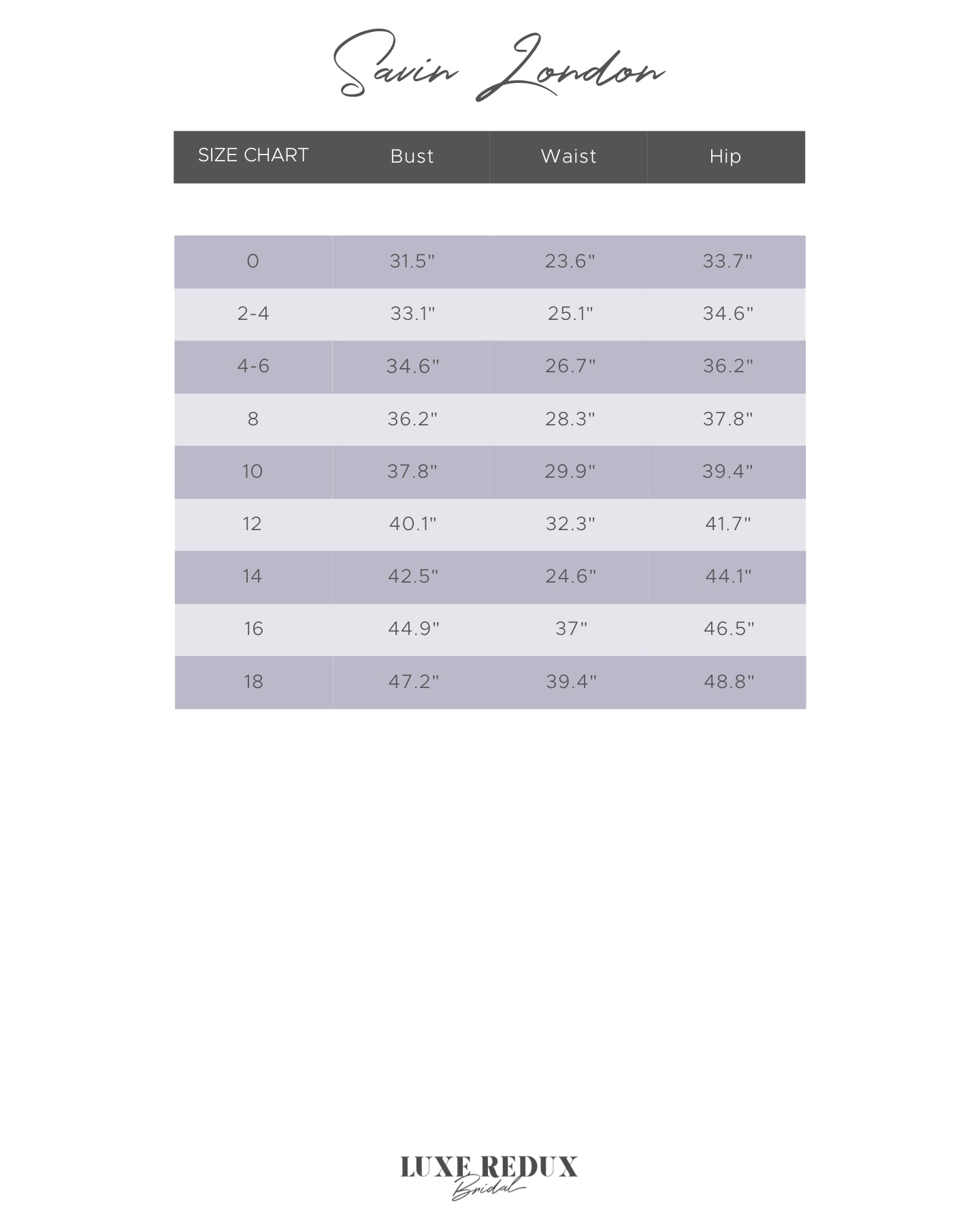 Savin London Marianna - Size 10/12 Size Chart