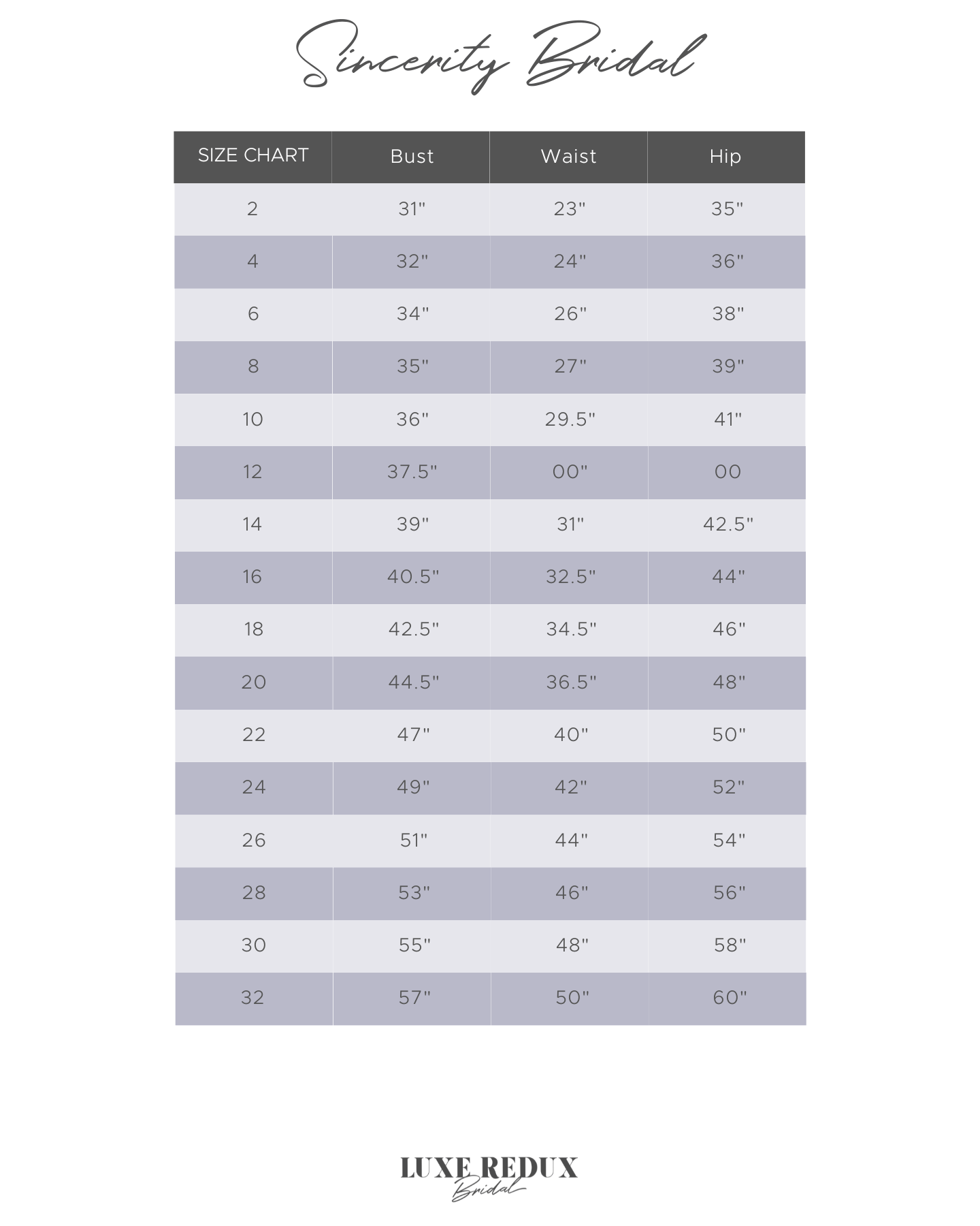 Sincerity Bridal 44080 - Size 10 Size Chart