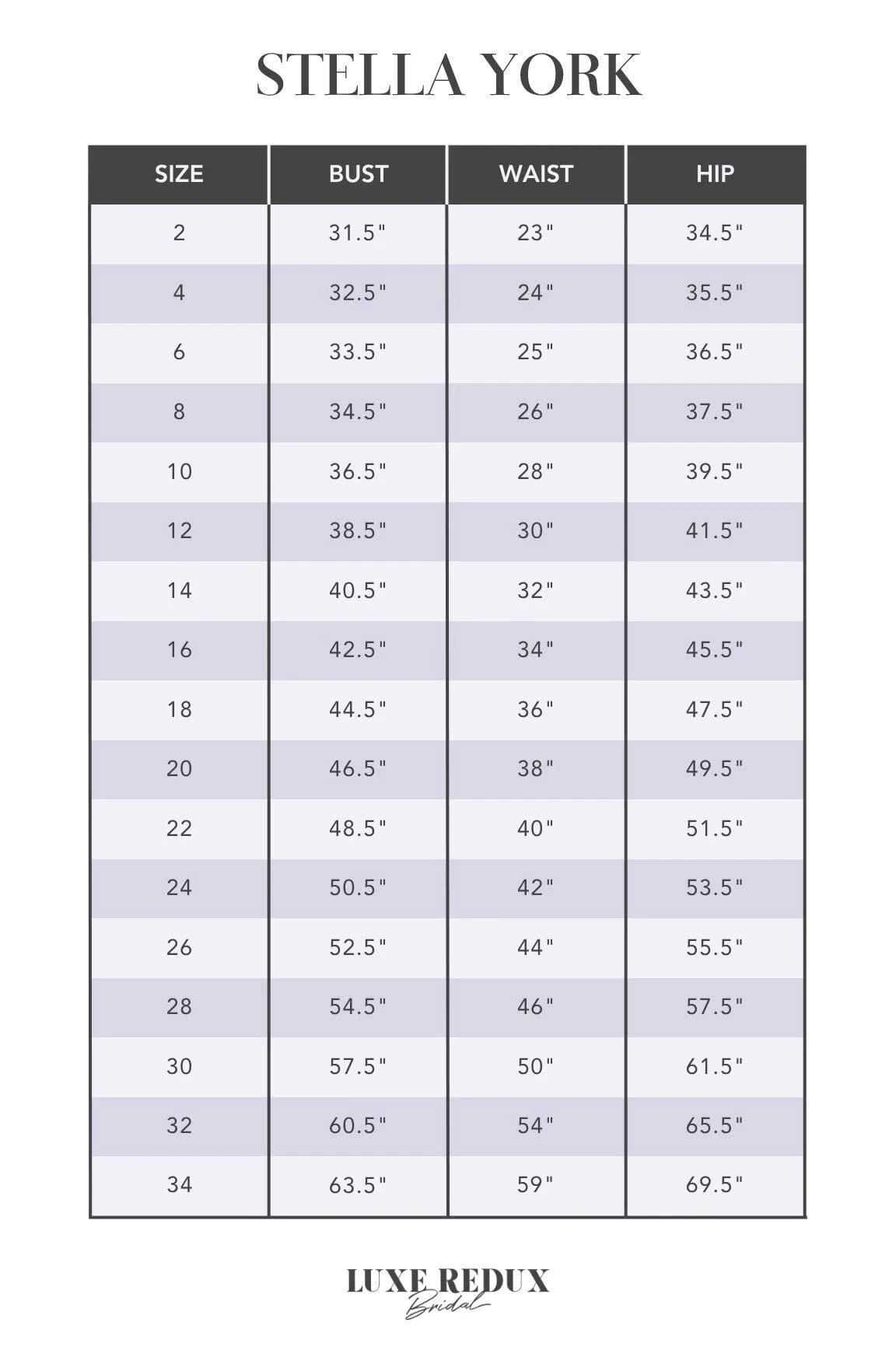 Stella York 7440 - Size 20 Size Chart