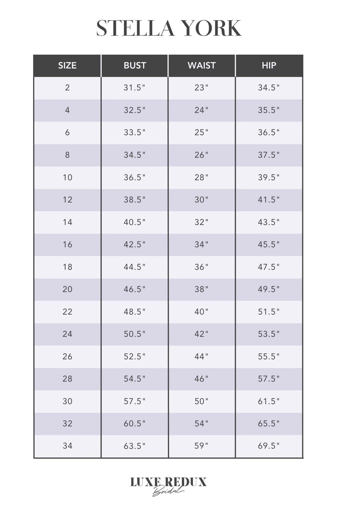 Stella York 7328 - Size 12 Size Chart