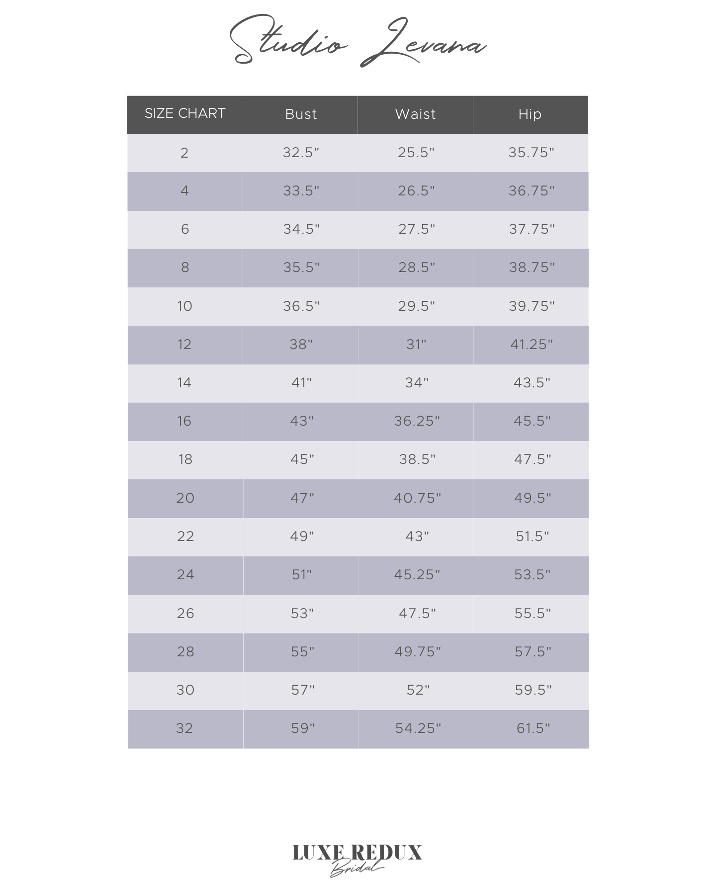 Studio Levana Caroline - Size 20 Size Chart
