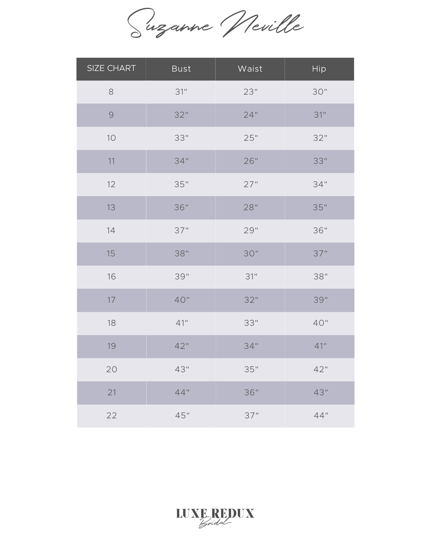 Suzanne Neville Coco - Size 12 Size Chart