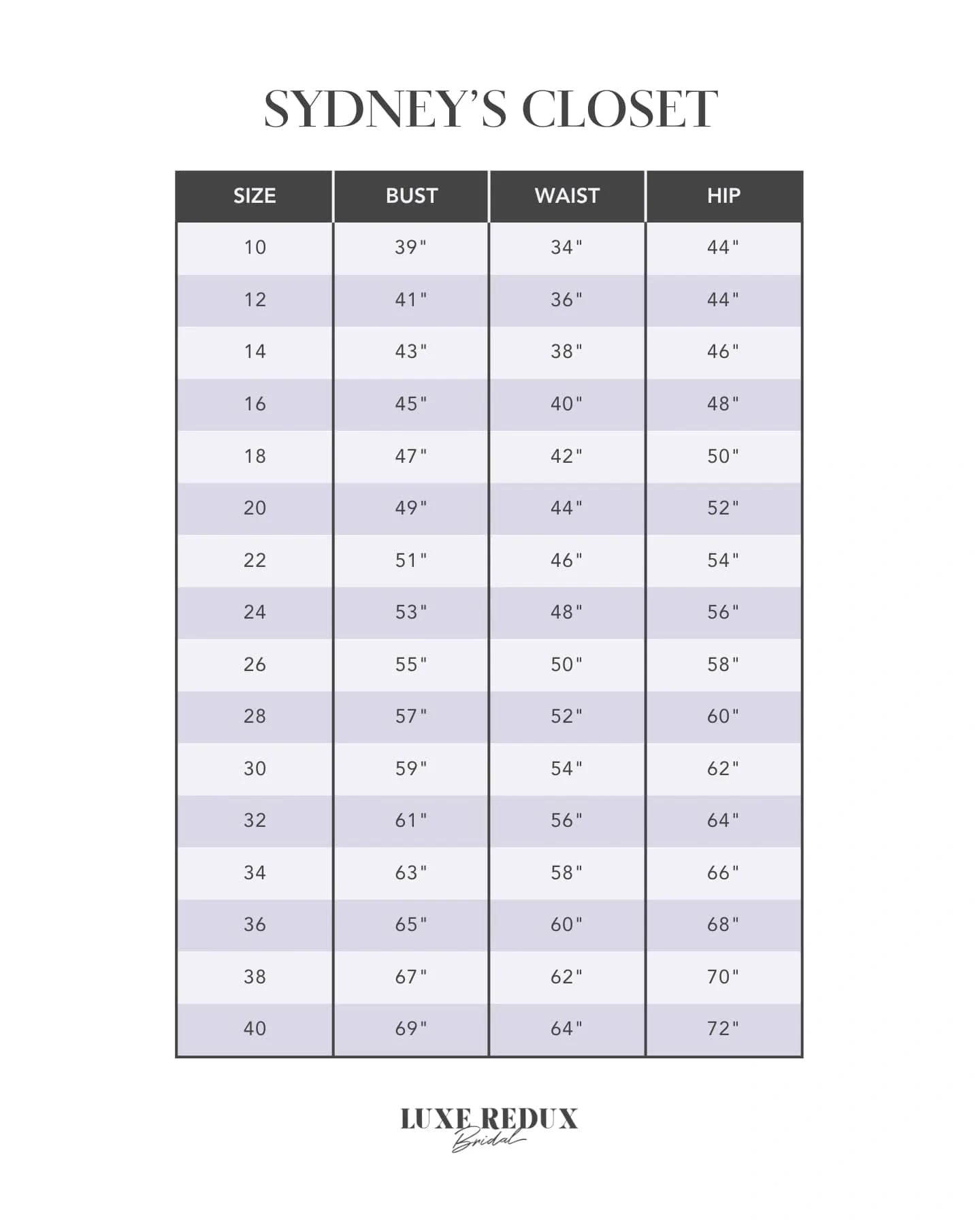 Sydney's Closet Louisa - Size 18 Size Chart
