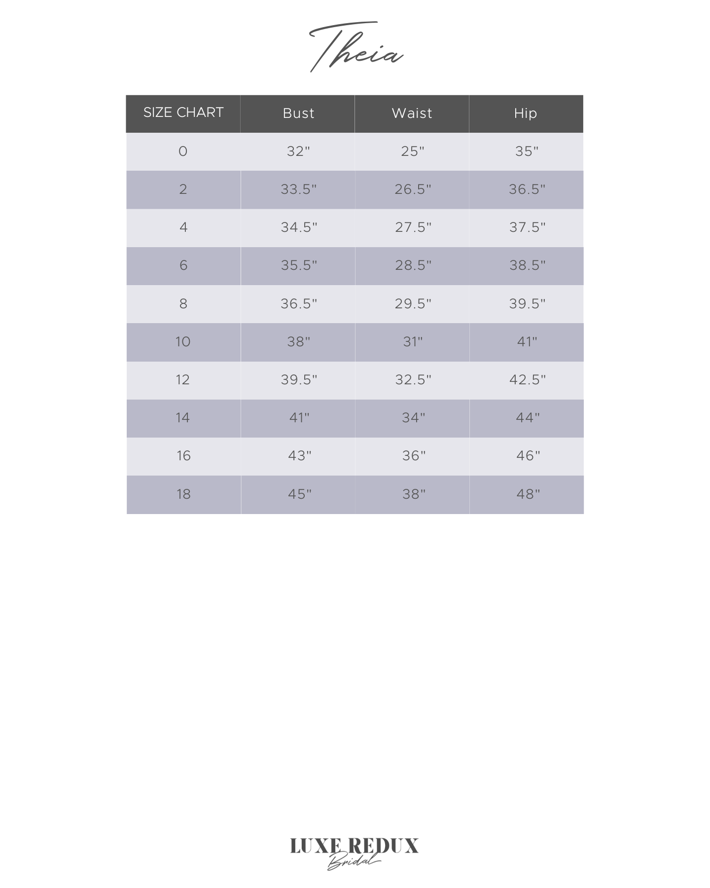 Theia Nova - Size 6 Size Chart