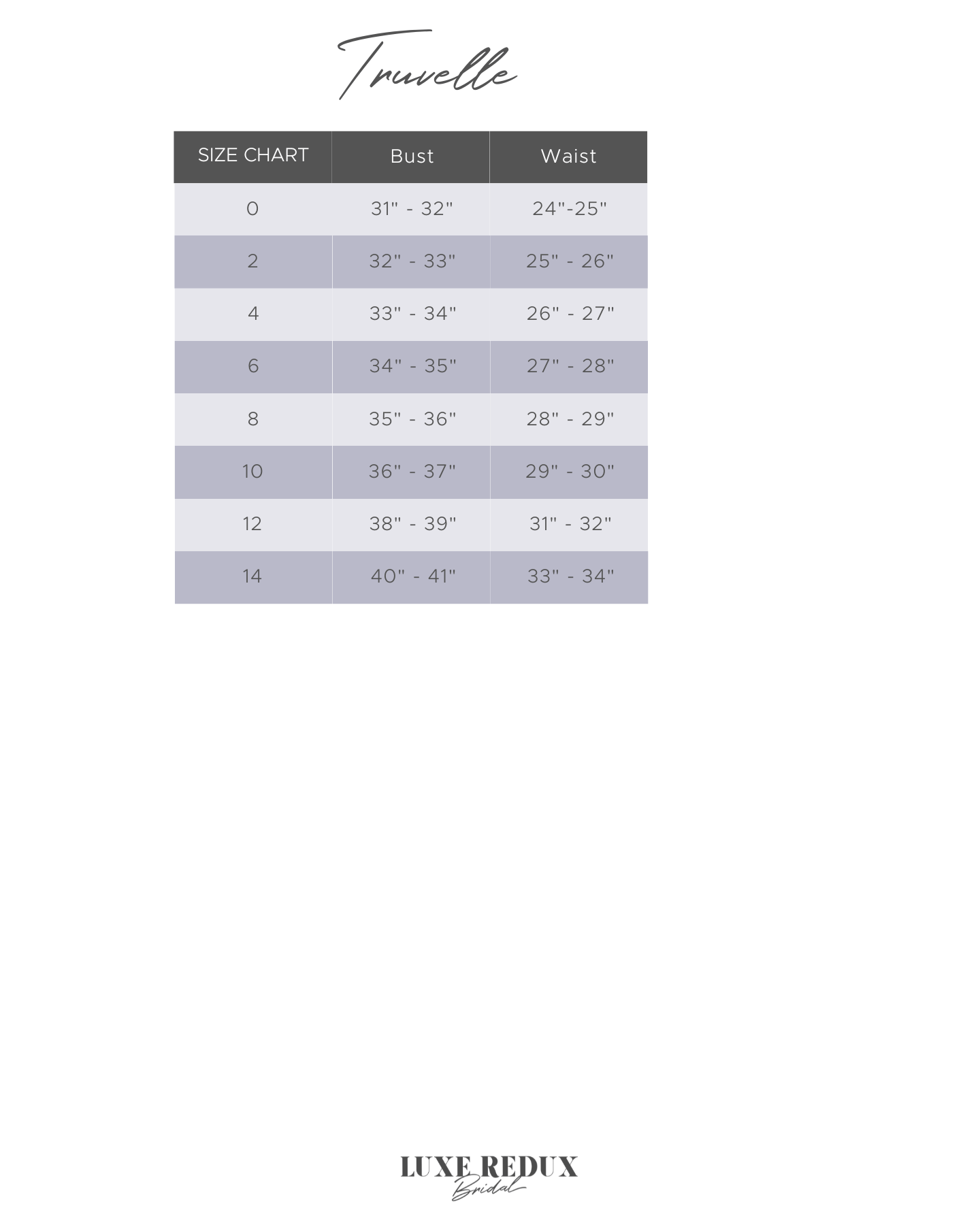 Truvelle Bridal Annie - Size 22 Size Chart