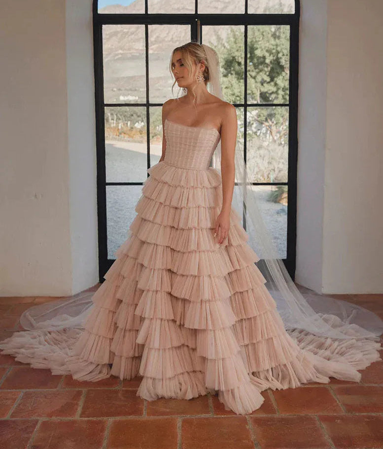 brown and pink wedding dresses Custom Made Pink Boho Wedding Dress – Off-the-Shoulder Beach Gown with Puff Sleeves & Beading White / 6 main image 0