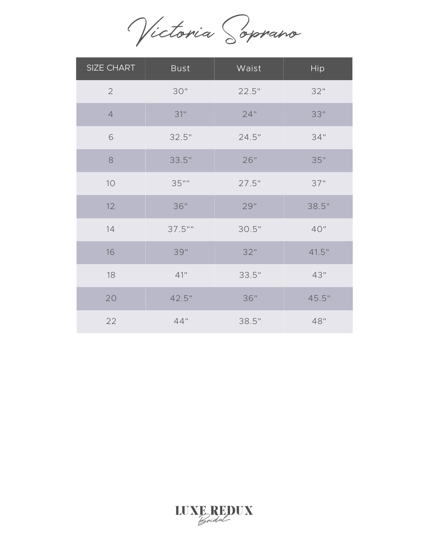 Victoria Soprano Grace - Size 14 Size Chart