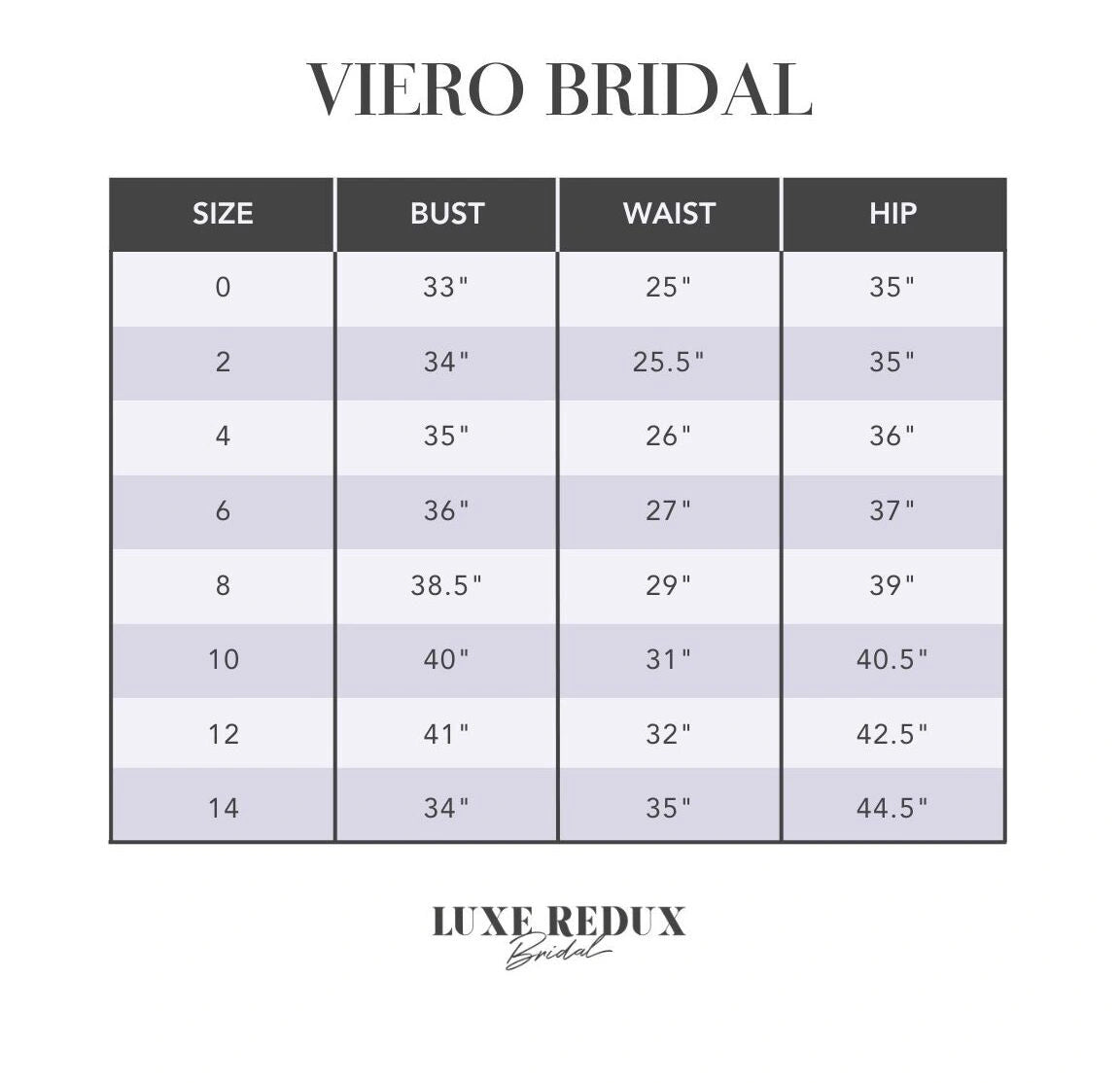Viero Bridal Ava - Size 10 Size Chart