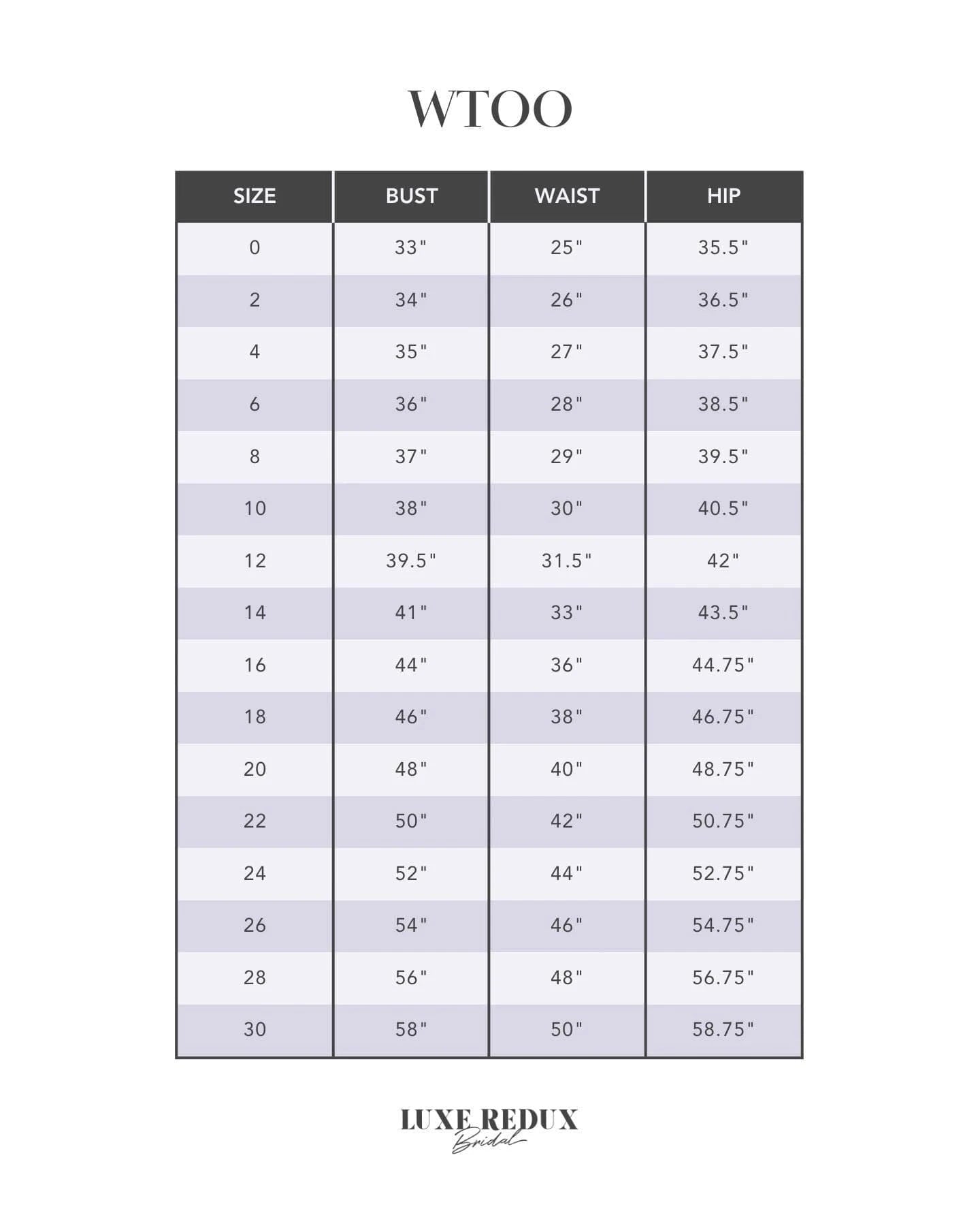 WTOO April - Size 2, Extra Length Size Chart