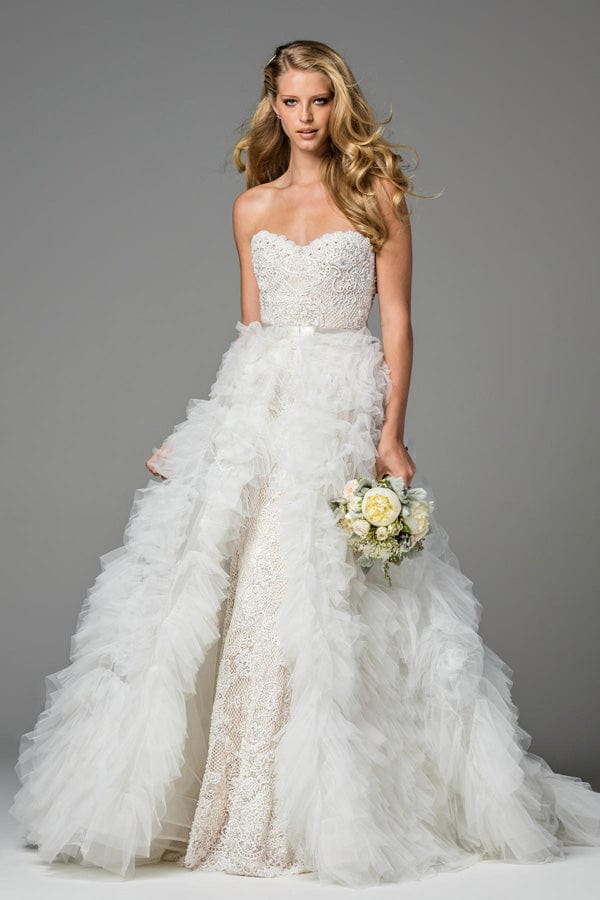 slim fit dress slacks Fitted Lace Wedding Dress & Removable Overskirt 12 / Off White-Nude main image 1
